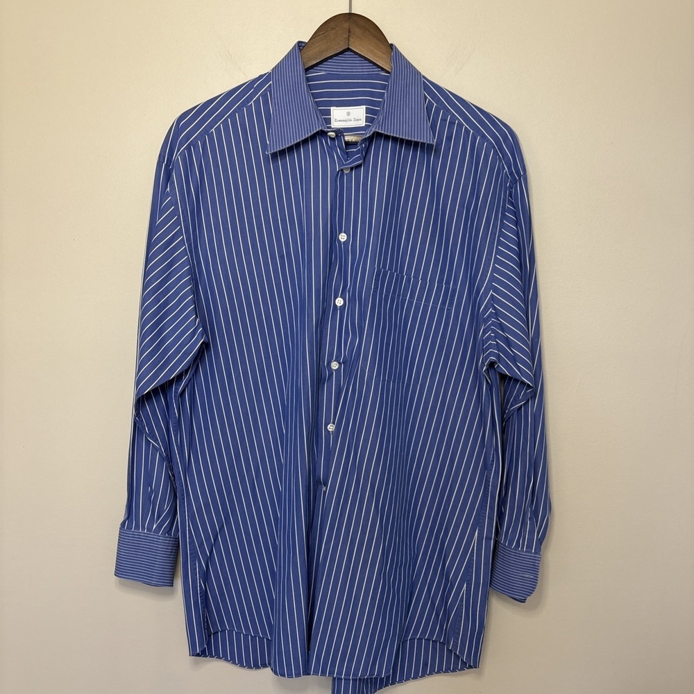 Ermenegildo Zegna Button Up Dress Shirt 41-16 Blue with White‎ Stripes